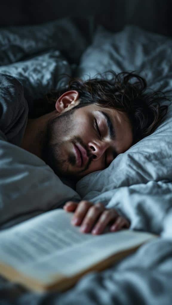 A person sleeping peacefully in bed with a book beside them.