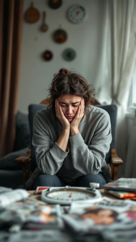 A person looking stressed while sitting at a table filled with magazines and a clock, symbolizing the pressure of weight loss.
