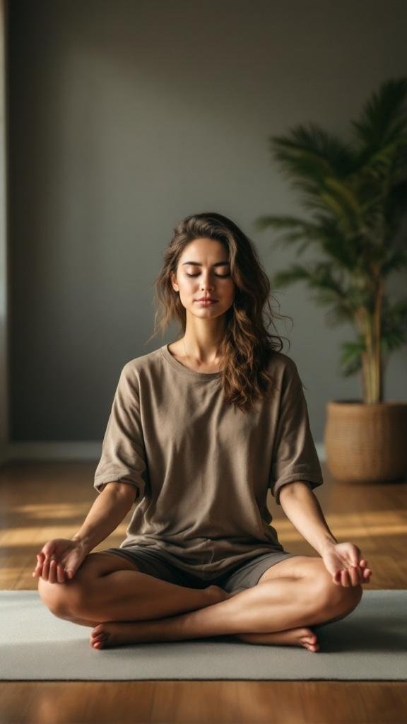 A person practicing deep breathing exercises in a calm indoor setting.