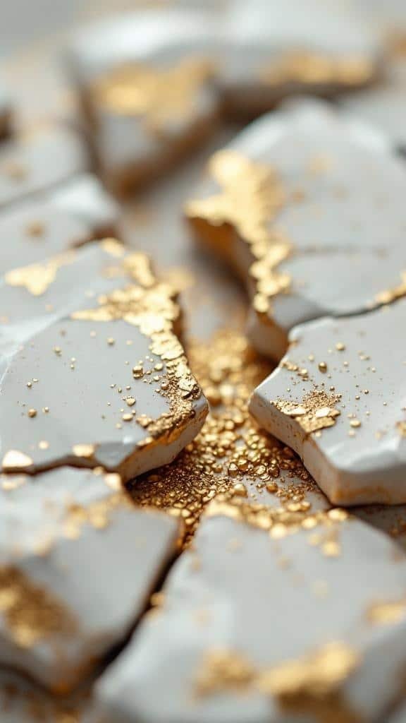 Close-up of broken pieces with golden accents, symbolizing beauty in imperfection.