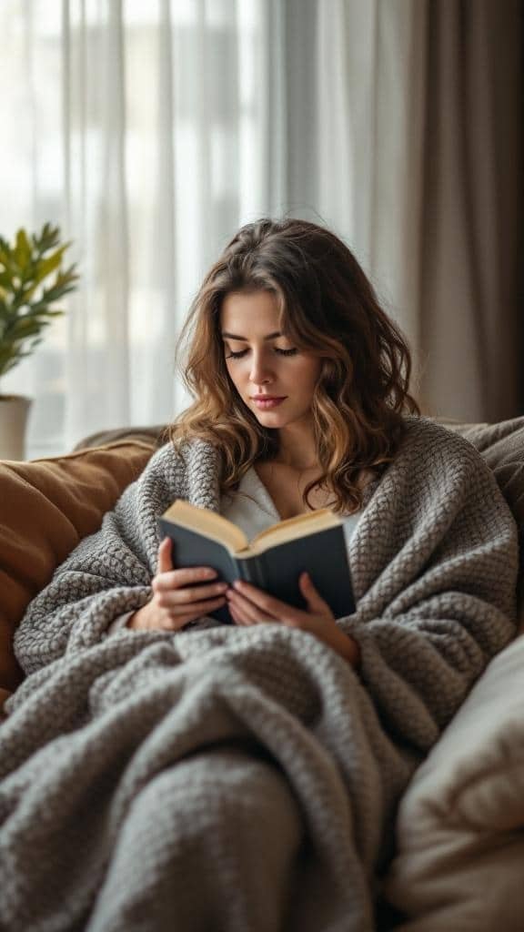 A woman reading a book while wrapped in a cozy blanket, looking peaceful and introspective.