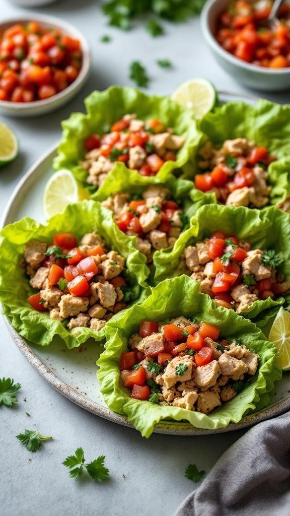 A plate of turkey lettuce wraps filled with diced tomatoes and herbs, garnished with lime.