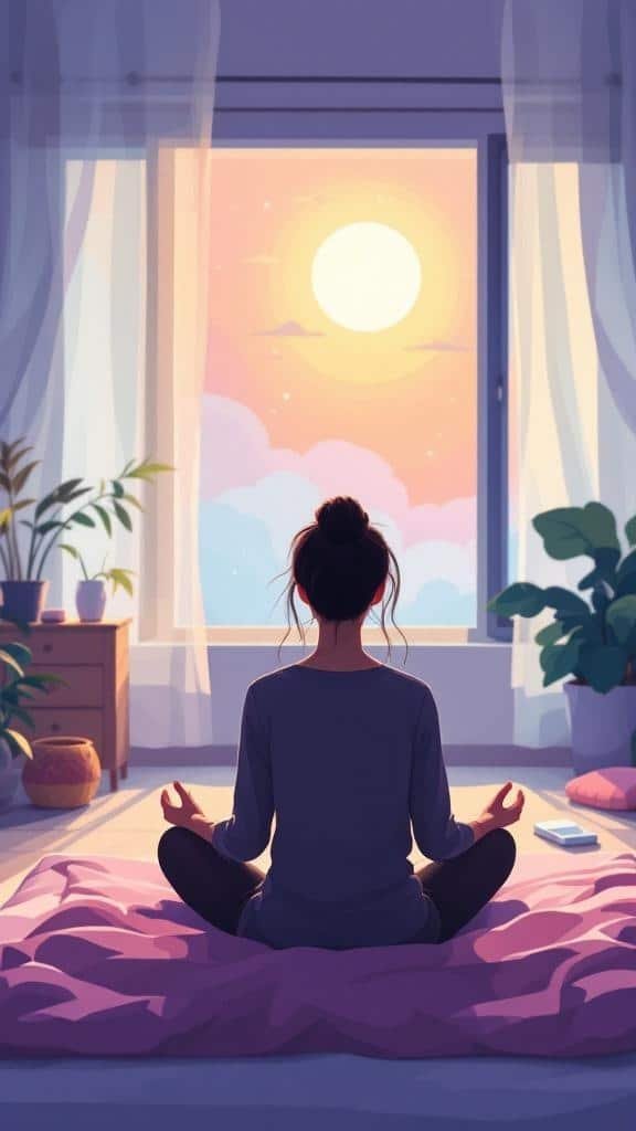 A person meditating in a peaceful room with sunlight and plants, representing tranquility and relaxation.