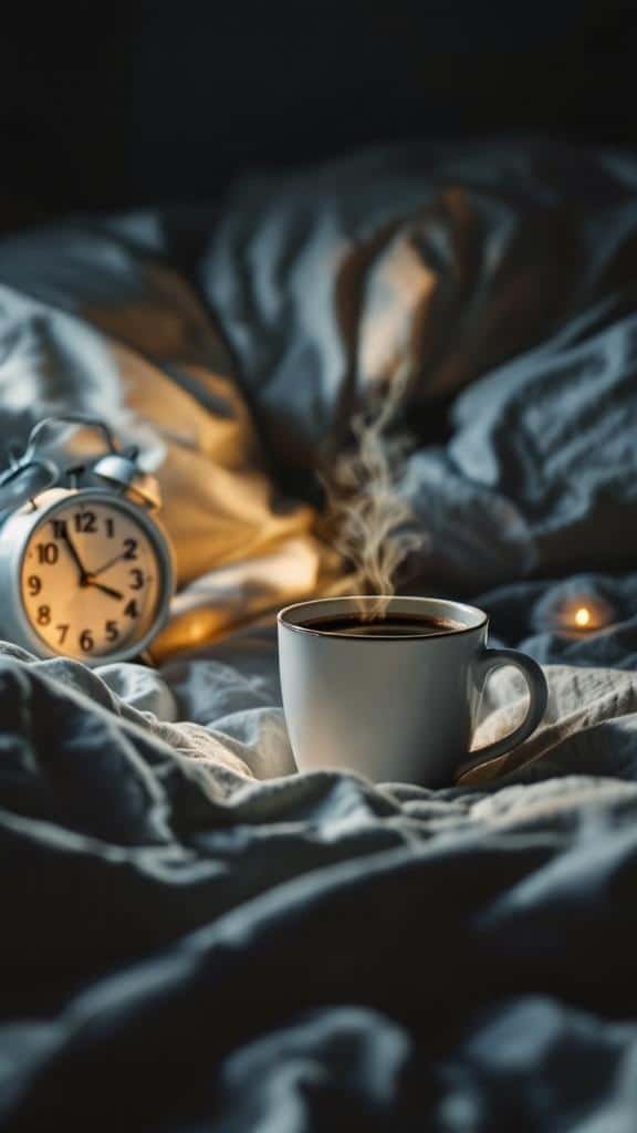 A cup of coffee on a bed with an alarm clock in the background, symbolizing the impact of caffeine on sleep.