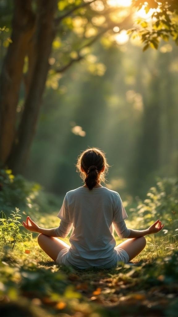A person meditating in a sunlit forest, embodying self-compassion and tranquility.