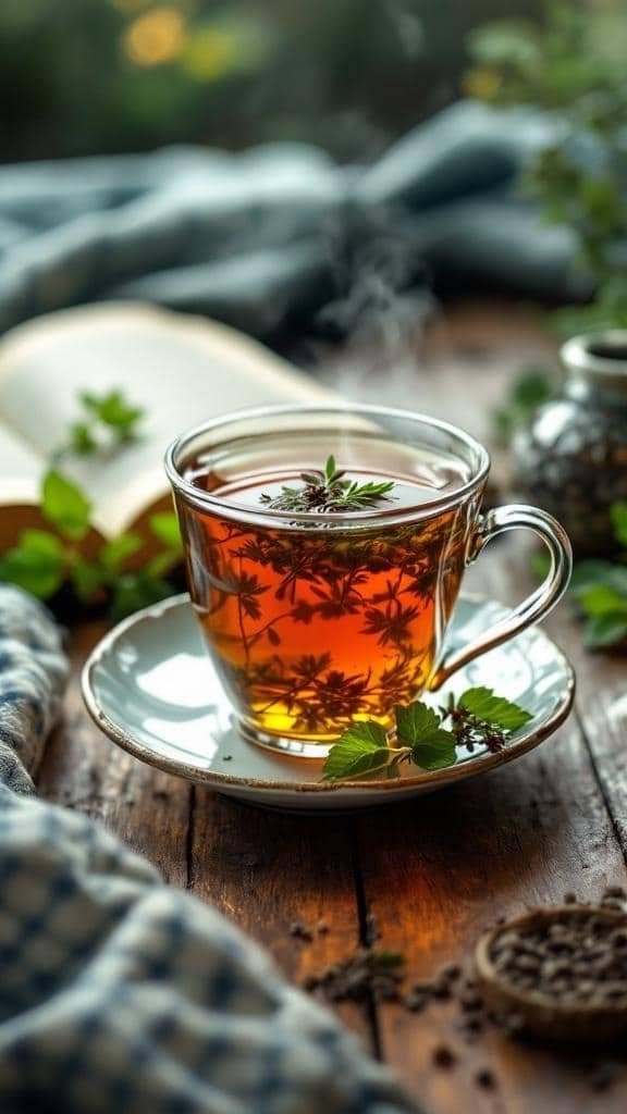 A steaming cup of herbal tea with fresh herbs on top, placed on a wooden table with a book and a cozy cloth.