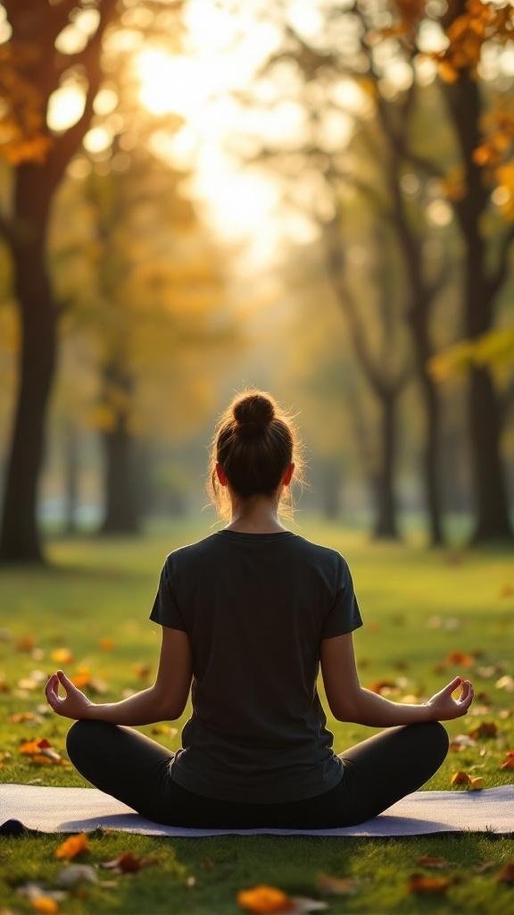 A person practicing mindful breathing exercises in a serene outdoor setting surrounded by trees and sunlight.