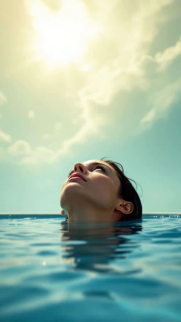 A person partially submerged in water, looking up at the bright sun and clouds.