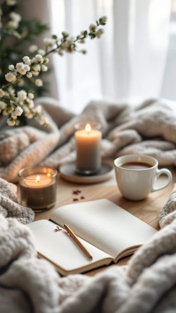 A cozy scene with a cup of coffee, a lit candle, an open notebook, and a soft blanket, creating a relaxing atmosphere.