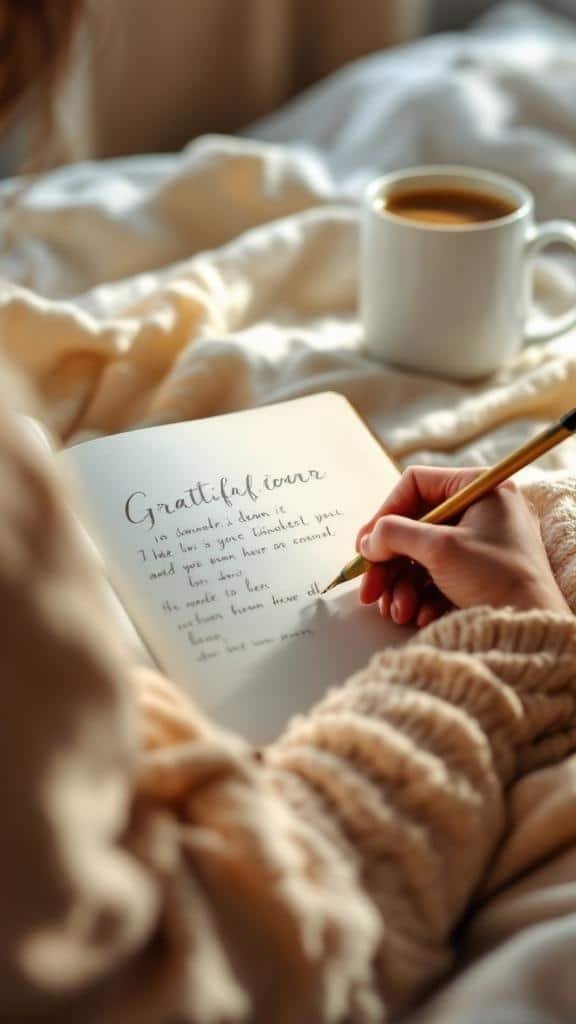 A person writing in a gratitude journal while sitting in bed, with a cup of coffee beside them.