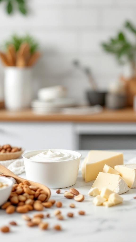 A variety of protein-rich snacks including nuts, yogurt, and cheese on a kitchen counter.