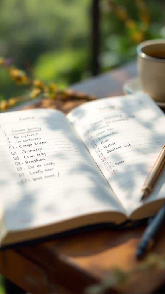 A cozy notebook with checklists and tasks, a cup of coffee, and a view of nature.