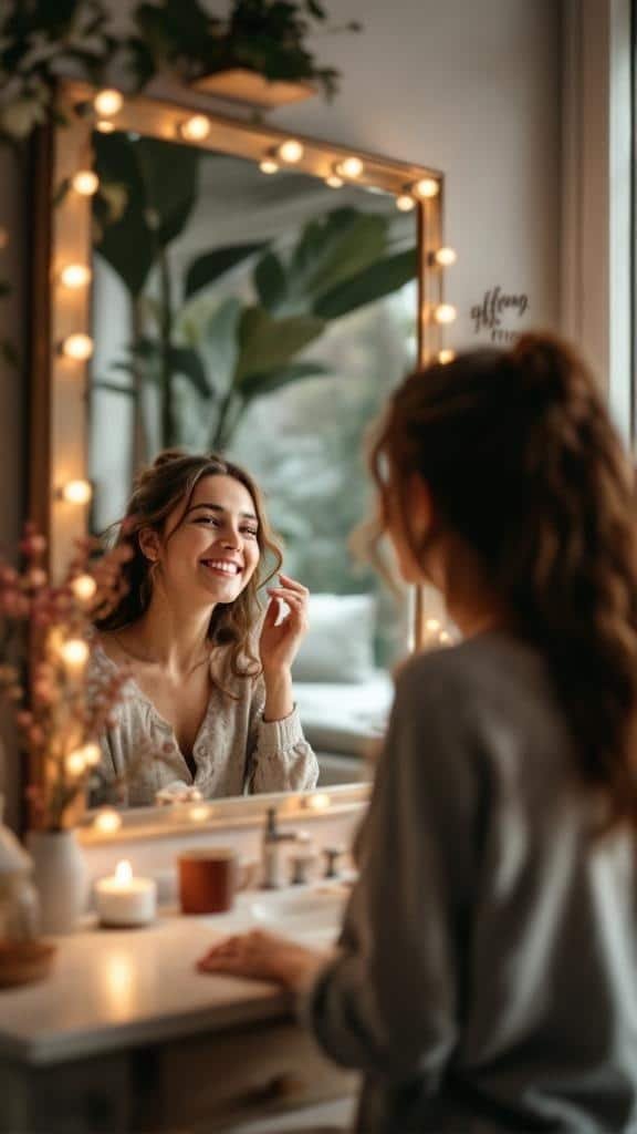 A woman smiling at herself in a well-lit mirror, surrounded by warm lights and a cozy atmosphere.