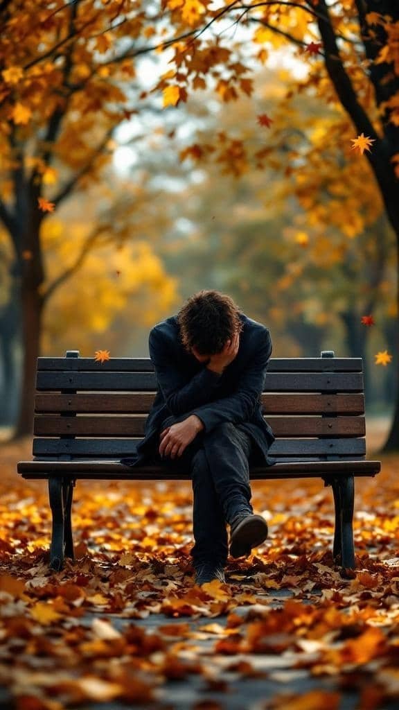 A person sitting on a bench in a park, looking down with a heavy heart, surrounded by autumn leaves.