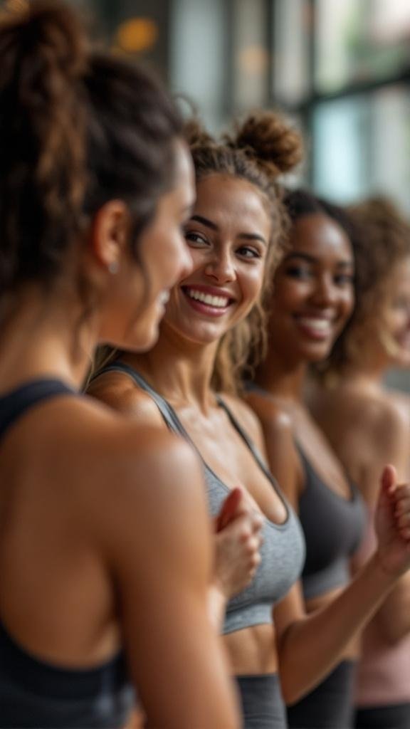 A group of women smiling and supporting each other during a workout session.