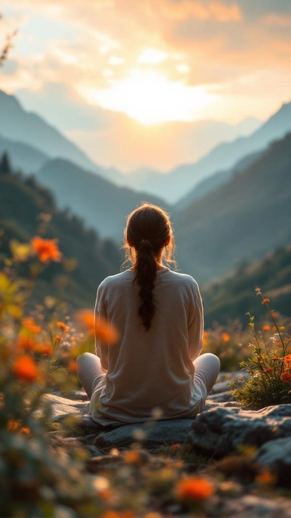 A person meditating in nature, surrounded by flowers and mountains at sunset.
