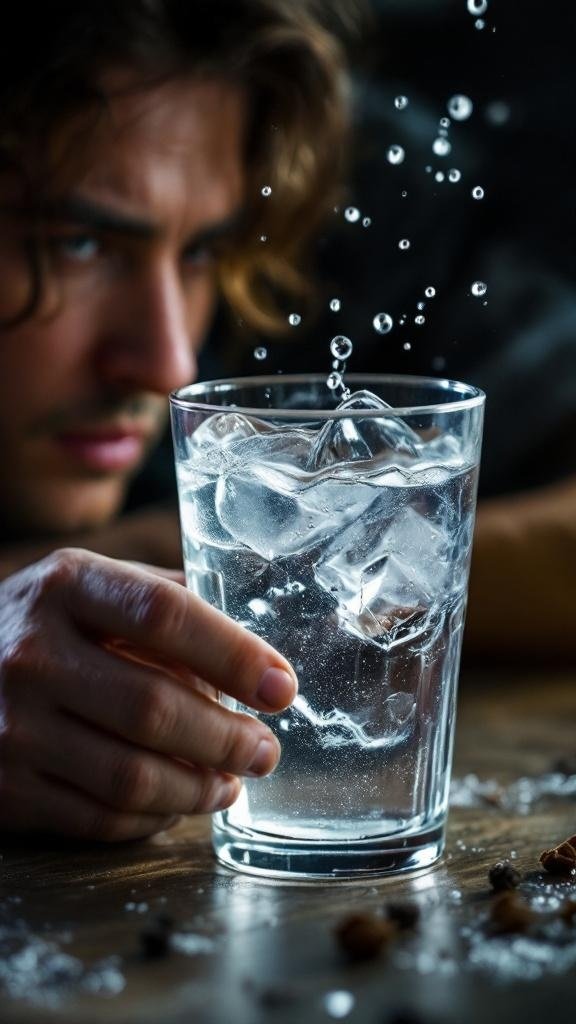 A close-up of a glass of water with ice, with a person in the background looking thoughtfully at it.