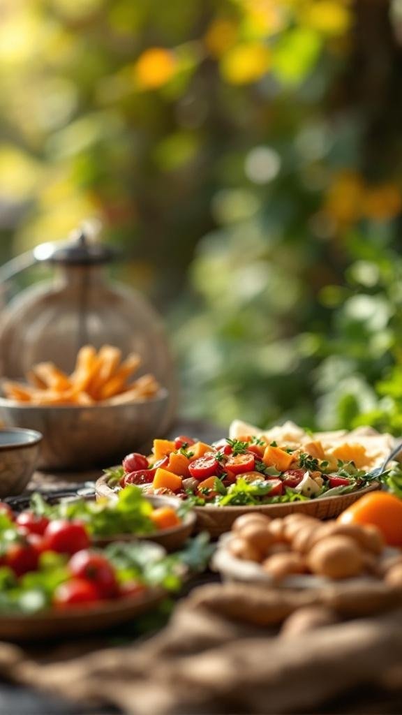 A colorful spread of fresh vegetables, fruits, and wholesome snacks on a wooden table.