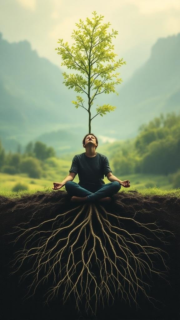 A person meditating with a tree growing from their head, symbolizing grounding and connection to nature.