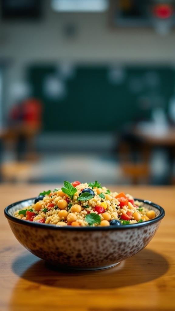 A colorful quinoa salad with chickpeas, cherry tomatoes, and fresh herbs in a bowl.