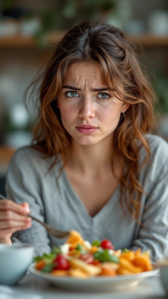 A woman looking frustrated at her healthy meal, symbolizing the struggle with restrictive dieting and cravings.