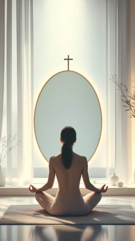 A person meditating in front of a softly lit mirror, creating a peaceful atmosphere.