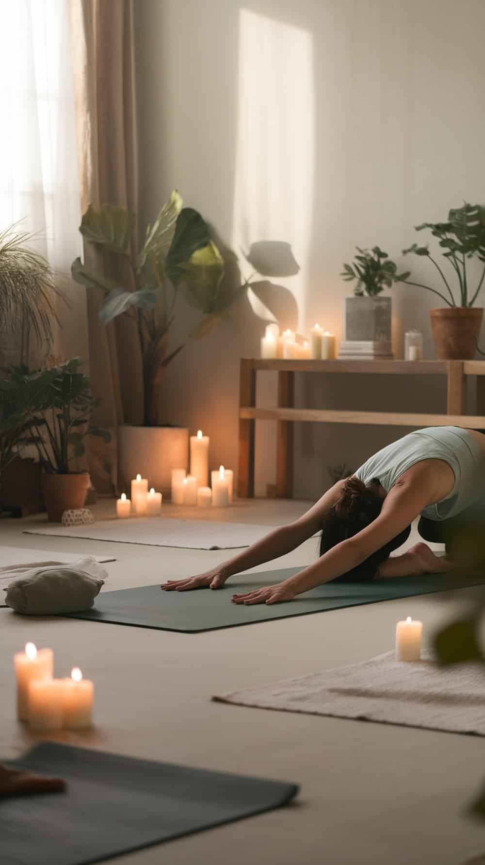 A person practicing yoga in a peaceful indoor setting with plants and soft lighting.