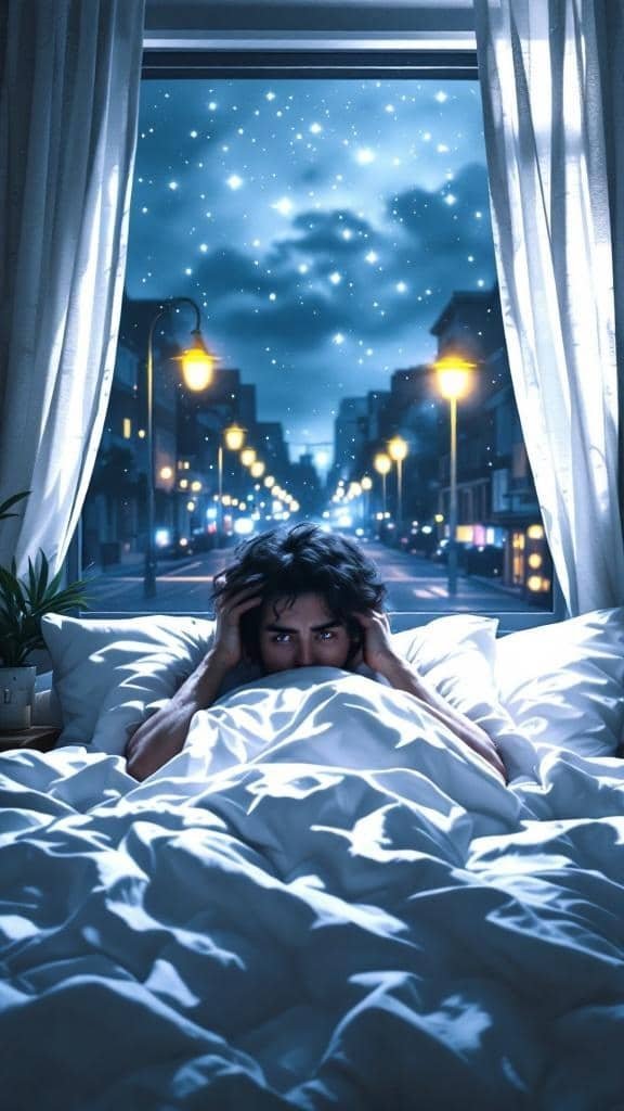 A person in bed looking out the window at a quiet street at night, showing the impact of environmental factors on sleep.