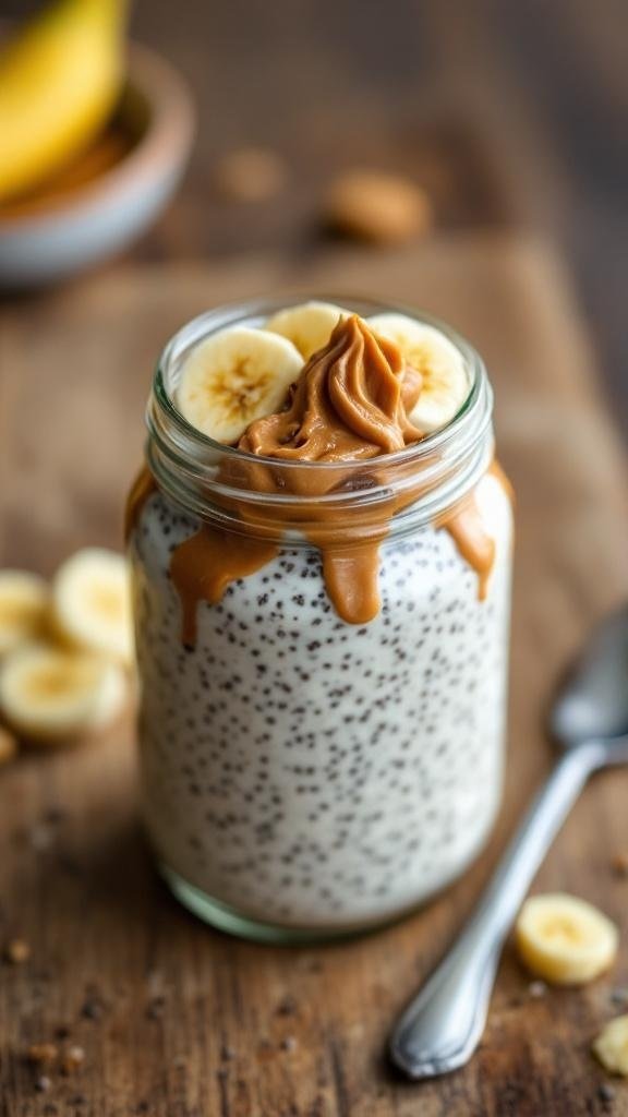 A jar of overnight oats topped with peanut butter and banana slices on a wooden table.
