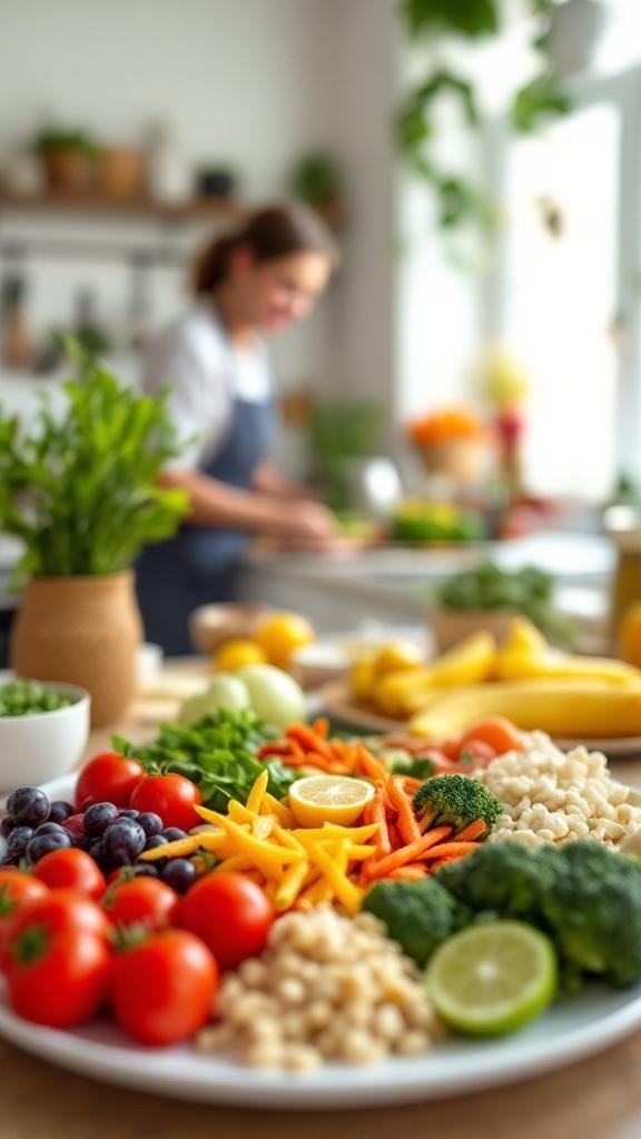 A colorful assortment of fresh fruits and vegetables on a plate with a person preparing food in the background.