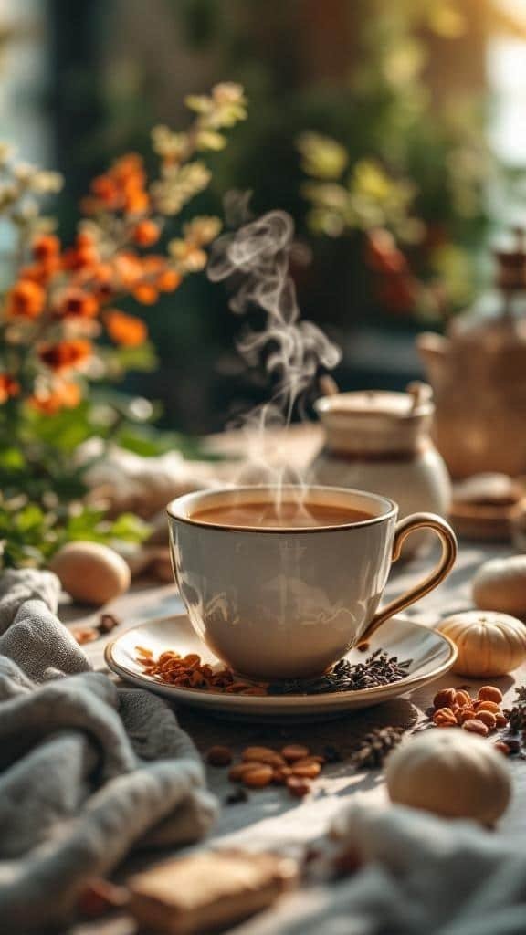 A steaming cup of herbal tea surrounded by natural elements, creating a calming atmosphere.