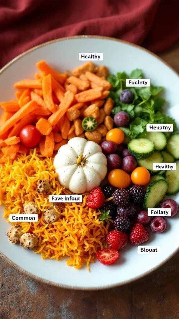 A colorful plate of healthy foods labeled with their benefits, showcasing dietary influences on weight changes.