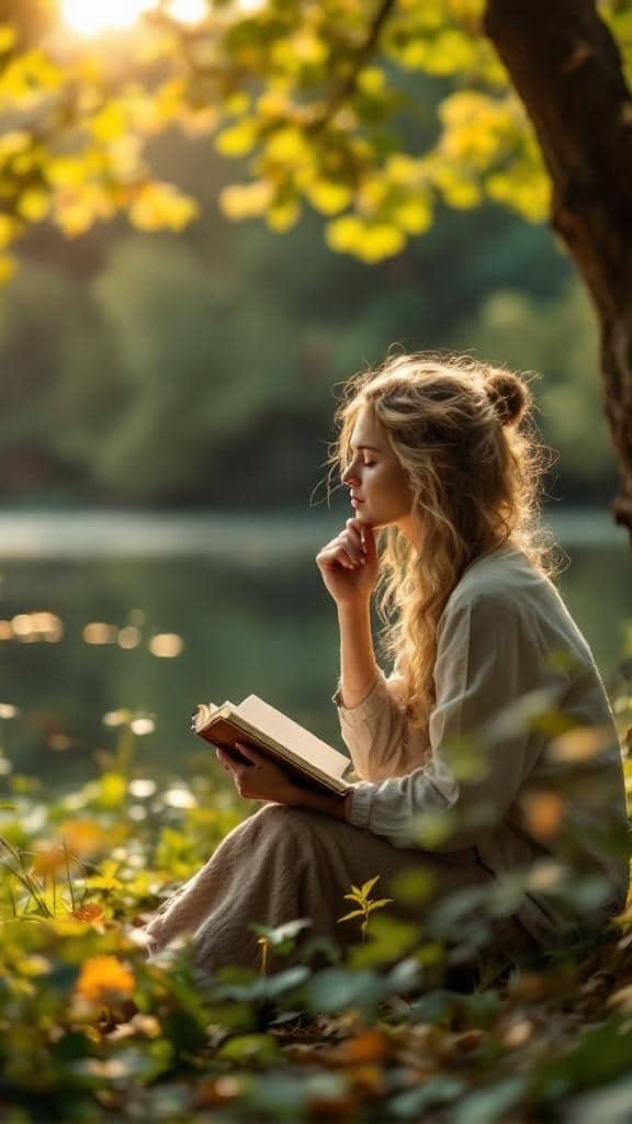 A young woman reading a book by a calm body of water, surrounded by greenery and sunlight.