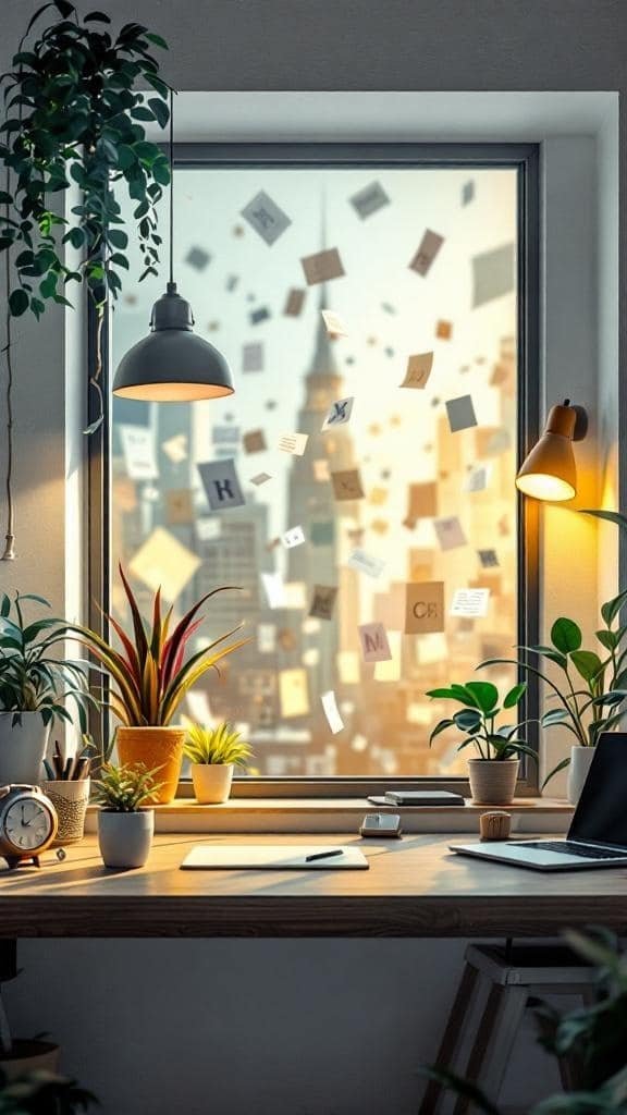 A cozy workspace with plants and warm lighting, showing a window view of a bustling city.