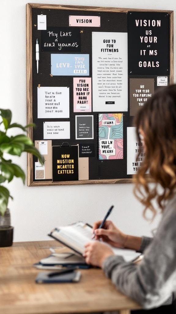 A woman writing in a notebook in front of a vision board filled with motivational quotes and goals.
