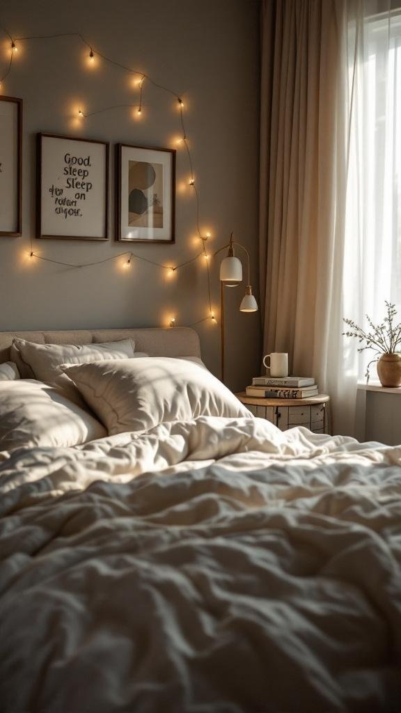 Cozy bedroom with soft bedding and warm lighting