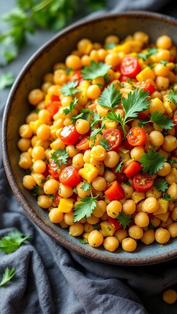 A bowl of chickpea flour scramble with colorful vegetables and fresh herbs.