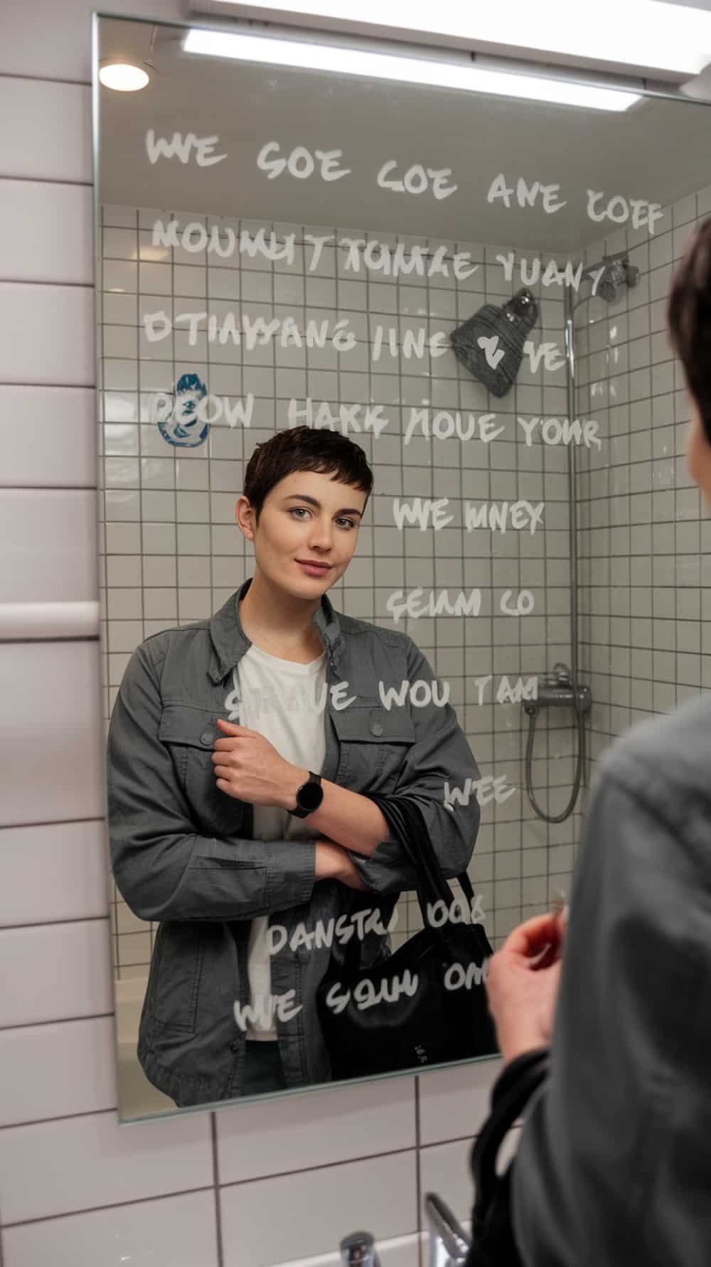 A young woman looking at herself in a mirror with affirmations written on it.
