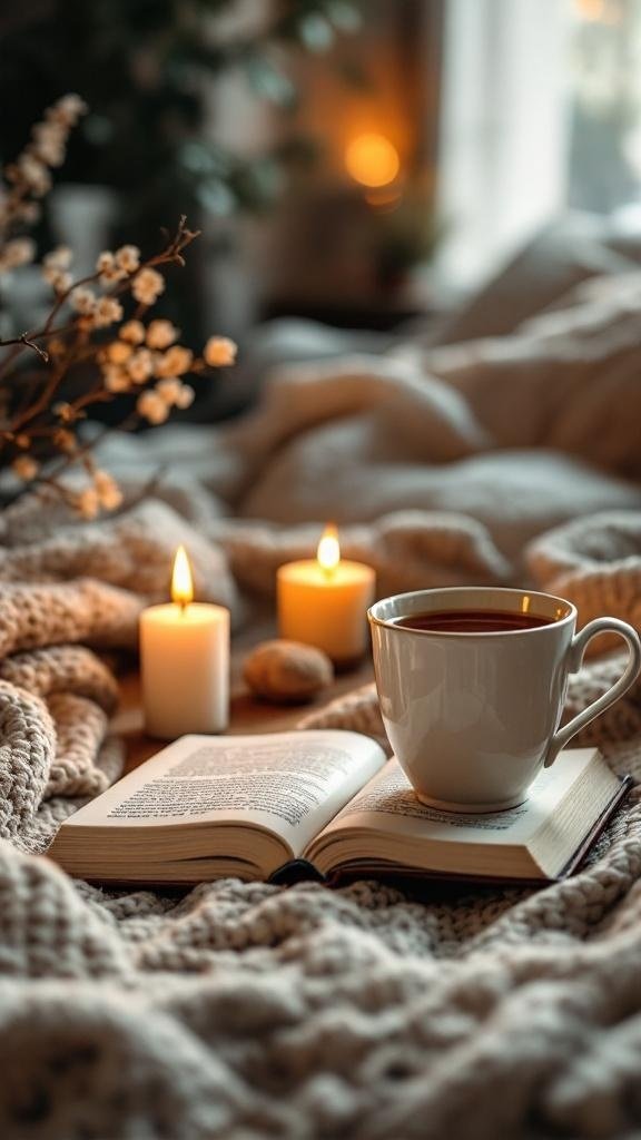 A cozy scene with a cup of tea, an open book, and candles on a soft blanket.