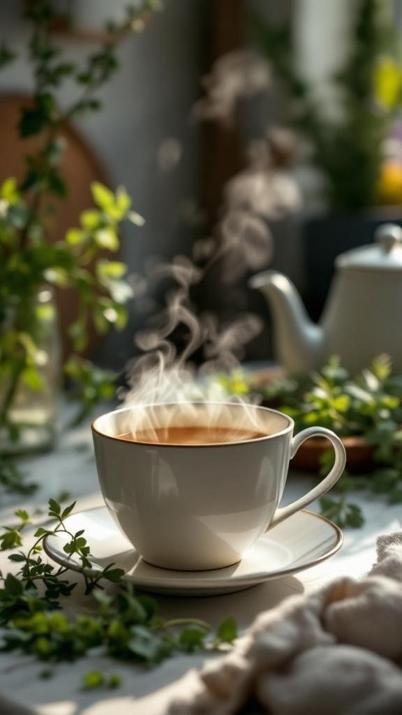 A steaming cup of herbal tea surrounded by fresh herbs, creating a cozy atmosphere.