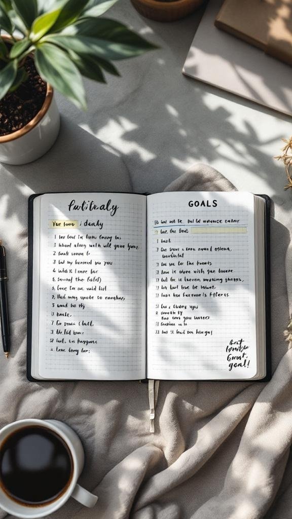 An open notebook with written goals, a cup of coffee, and a plant in the background.