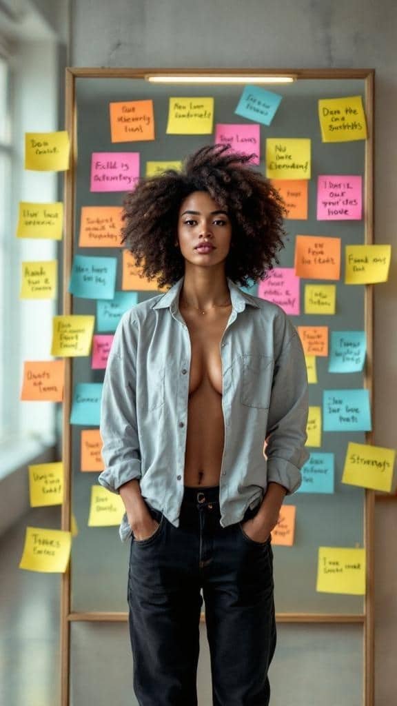 A person stands confidently in front of a wall covered with colorful sticky notes that contain positive affirmations.