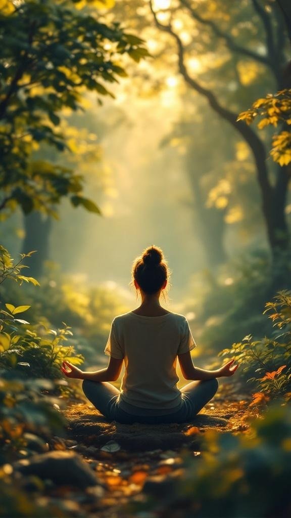 A person meditating in a peaceful forest, surrounded by greenery and soft light.