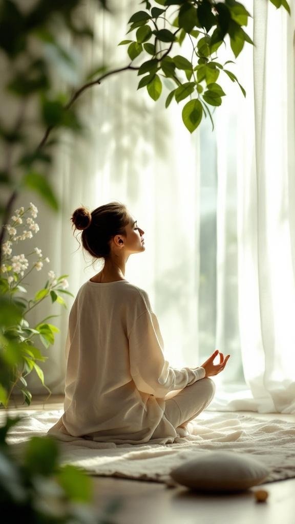 A person meditating in a peaceful room filled with natural light and plants.
