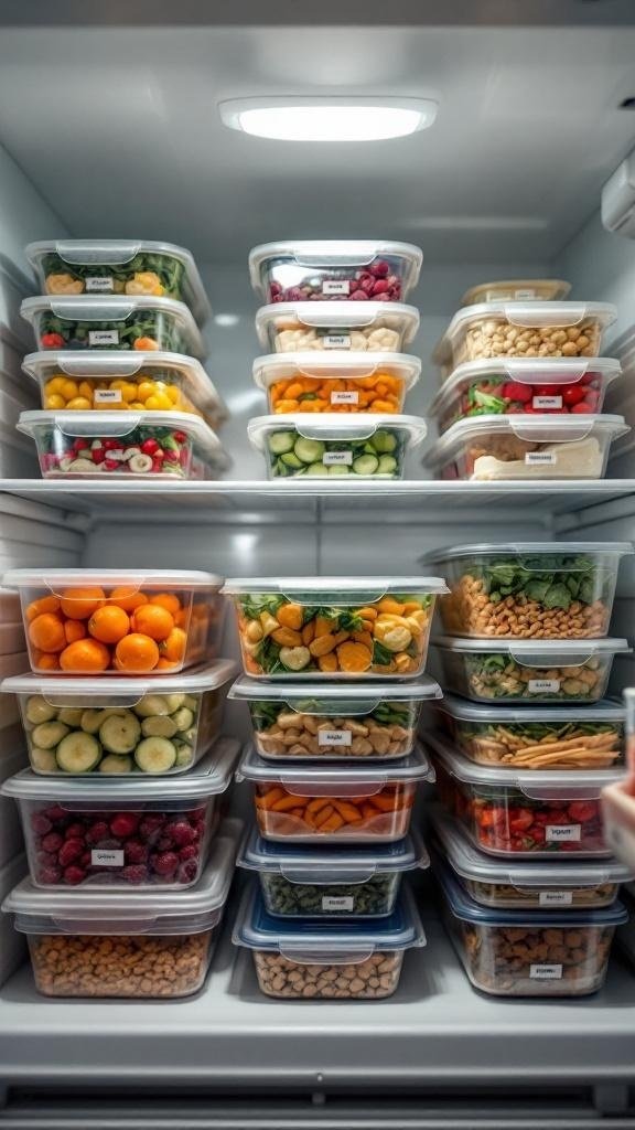 A well-organized freezer filled with containers of colorful fruits, vegetables, and grains.