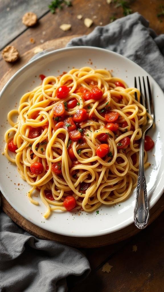 A plate of spaghetti with tomato sauce and cherry tomatoes, showcasing the perfect texture.