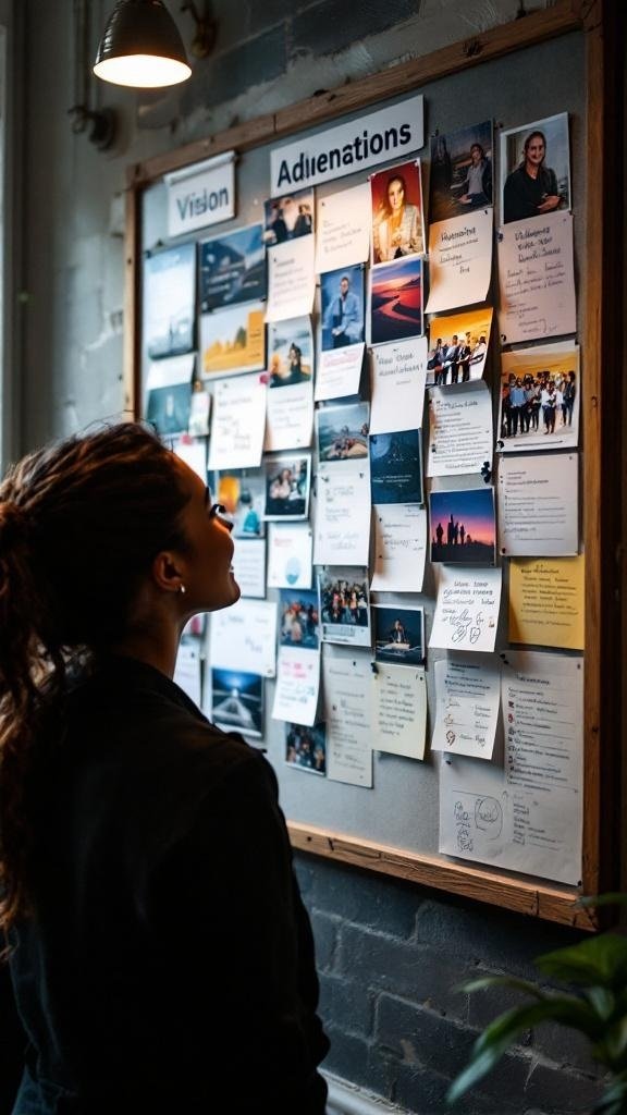 A person looking at a vision board filled with photos and notes, reflecting on past successes.