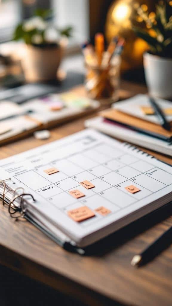 A calendar with sticky notes, showing organized tasks and worries.
