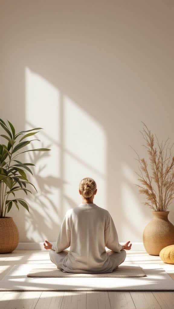 A person meditating in a serene setting with plants and soft light.