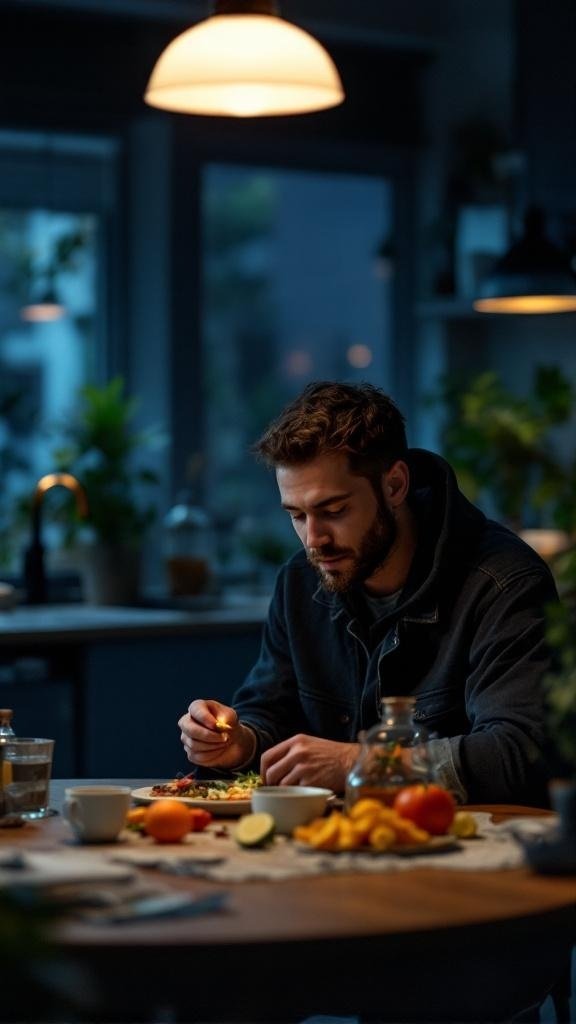 A man enjoying a healthy meal at a table, surrounded by fruits and warm lighting.